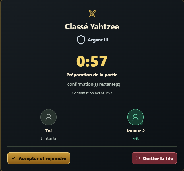 Proposition d'une partie classée au Yahtzee : temps de préparation, confirmations des joueurs et bouton Accepter et rejoindre.